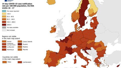 Mapa de todas las regiones de la Unión Europea y la EFTA con la situación de la pandemia