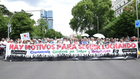 La cabeza de la manifestación para defender la sanidad pública, a 19 de mayo de 2024, en Madrid.