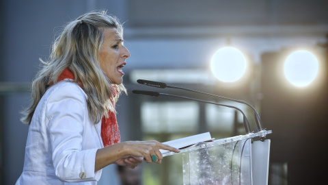 19/05/2024 La vicepresidenta segunda del Gobierno, Yolanda Díaz, durante su intervención en un acto de campaña, a 17 de mayo de 2024.