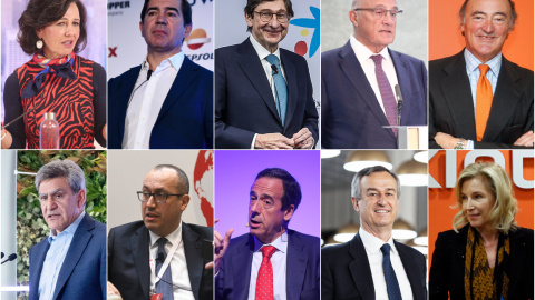 Los jefes de la gran banca: En la fila superior, de izq. a der., Ana Botín (presidenta de Banco Santander), Carlos Torres (presidente de BBVA), José Ignacio Goirigolzarri (presidente de Caixabank), Josep Oliú  (presidente de Banco Sabadell), y Pedro Gu