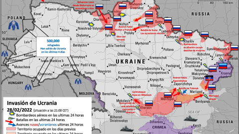 Mapa sobre los bombardeos y avances de Rusia en territorio ucraniano. 28/02/2022