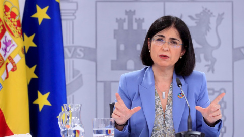 La ministra de Sanidad, Carolina Darias, ofrece una rueda de prensa al término de la reunión del Consejo Interterritorial del Sistema Nacional de Salud, este miércoles en el Palacio de la Moncloa, en Madrid.