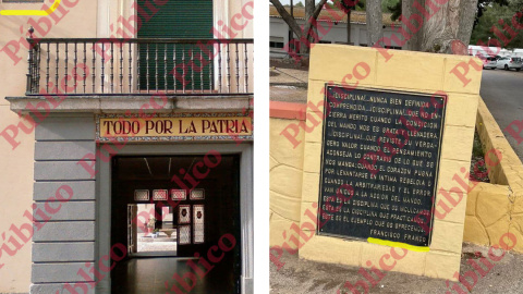 Entrada del Estado Mayor del cuartel El Rey, con el águila franquista del yugo y las flechas, y placa con 'enseñanzas' de Franco sobre disciplina en el Regimiento de Artillería Antiaérea nº73.