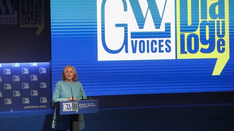 La ex secretaria de Estado de Estados Unidos, Hillary Clinton, participa en la presentación del informe “Women in Multilateralism 2024” de GWL Voices este lunes, en Madrid.