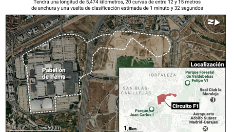 Infografía con trazado del circuito de Fórmula 1 en Madrid.