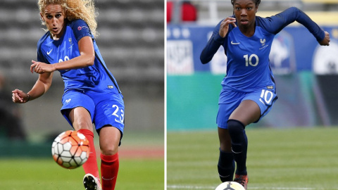 Kheira Hamraoui (izquierda) durante el partido de fútbol de clasificación femenino de la Eurocopa 2017 entre Francia y Albania y Aminata Diallo mientras corre con el balón durante un partido de fútbol de la 'SheBelieves Cup' entre Francia e Inglaterra