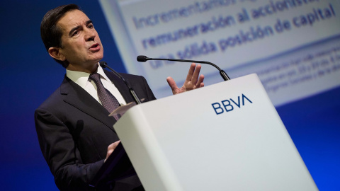 El presidente de BBVA, Carlos Torres Vila, durante la presentación de los resultados correspondientes al ejercicio 2023. E.P./Jesús Hellín