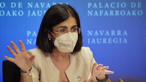 La ministra de Sanidad, Carolina Darias, comparece en rueda de prensa tras presidir desde Pamplona el pleno telemático del Consejo Interterritorial del Sistema Nacional de Salud