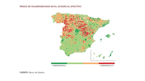 El mapa del Banco de España que indica la dificultad para acceder al dinero en efectivo por municipios replica el de la llamada España vaciada.