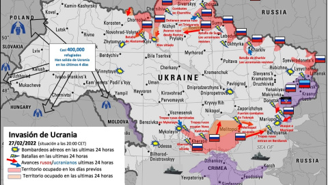 Mapa sobre los bombardeos y avances de Rusia en territorio ucraniano. 27/02/2022