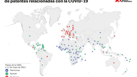 Mapa de Médicos Sin Fronteras sobre los apoyos a la exención temporal de las patentes de las vacunas contra la covid-19.