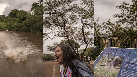 Izquierda y centro imagenes en el " Resguardo indigena El Provincial", Barrancas, La Guajira, Colombia en julio de 2023. A la derecha un panel explicativo sobre la mina de RWE lleva un grafiti que dice "Lutzerath está vivo", Juchen, Alemania, en agosto d