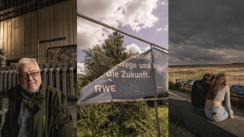 Izquierda, Paul Breuer, guía inglés de 71 años, posa para un retrato en el Museo Energeticon de Alsdorf, Alemania, Agosto de 2023. En el centro publicidad de RWE. Derecha, una pareja en el mirador de Terranova, en Etzweiler, Alemania, en agosto de 2023