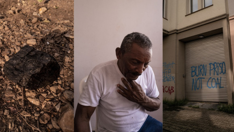 A la izquierda, un carbón de la mina colombiana de El Cerrejon. En el centro, Emilio Pérez quién sufrió la violencia policial durante la expulsión de Tabaco, en La Guajira, Colombia. A la derecha, etiquetas contra las minas de carbón en Aquisgrán, 