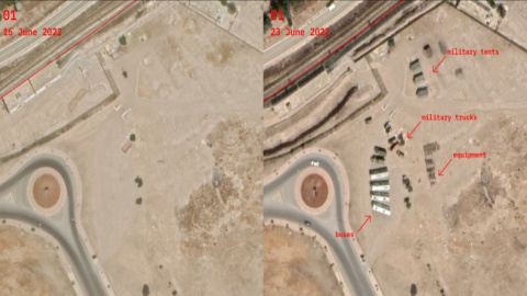 La comparación entre las imágenes por satélite de los días 16 y 23 de junio de 2022 revela el despliegue de camiones, autobuses, tiendas de campaña y otros elementos militares. Imagen por satélite captada a las 11.09 UTC (12.09 hora marroquí) del 2
