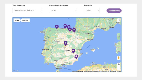 Mapa que geolocaliza los centros de crisis 24 horas disponibles en el territorio español en la web de la Fundación Aspacia.