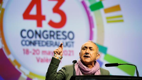 El secretario general de UGT, Pepe Álvarez, durante la jornada de clausura del 43 Congreso Confederal de UGT donde ha sido reelegido para que lidere el sindicato los próximos cuatro años.