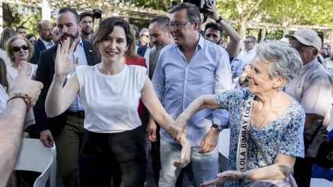 La presidenta de la Comunidad de Madrid, Isabel Díaz Ayuso, durante un acto de campaña del partido, en el Parque Finca Liana, a 28 de mayo de 2024, en Madrid (España).