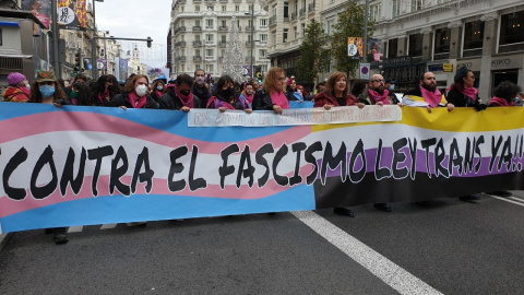 La manifestación a favor de la ley trans, a su paso por la Gran Vía de Madrid.