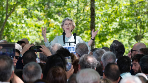 Ursula von der Leyen durante un acto de campaña en A Coruña, a 1 de junio de 2024.