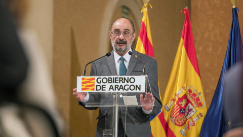 El presidente de Aragón, Javier Lambán, durante una rueda de prensa.