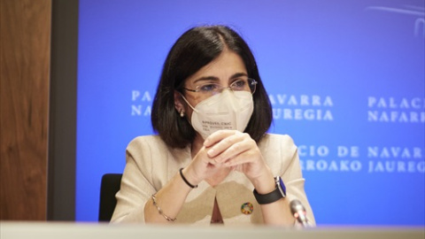 La ministra de Sanidad, Carolina Darias, comparece en rueda de prensa tras presidir desde Pamplona el pleno telemático del Consejo Interterritorial del Sistema Nacional de Salud, en el Palacio de Navarra, a 2 de junio de 2021.