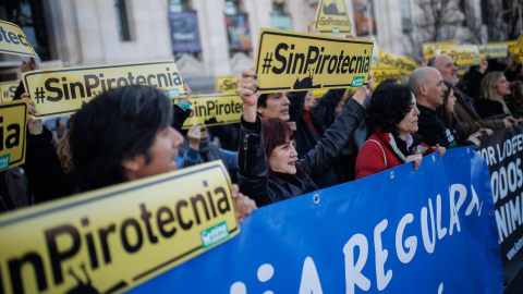 Varias personas protestan con carteles durante una manifestación contra la mascletá programada por el alcalde de Madrid en Madrid Río.