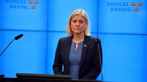 24/11/2021Magdalena Andersson durante una conferencia de prensa después de la votación del presupuesto en el parlamento sueco