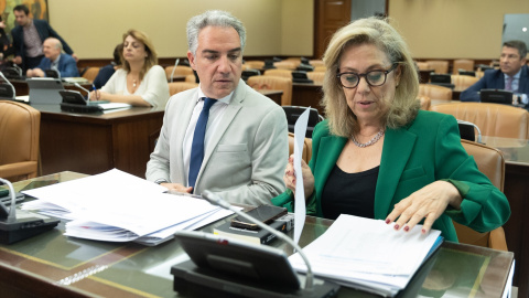 El diputado del PP Elías Bendodo y la vocal de la comisión, Macarena Montesinos, durante la Comisión de Investigación por el ‘caso Koldo’, en el Congreso de los Diputados, a 16 de abril de 2024, en Madrid (España).