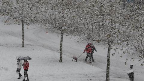 El temporal de nieve ha llegado de lleno este fin de semana a Pamplona donde este domingo ha empezado a nevar con fuerza en la capital navarra.