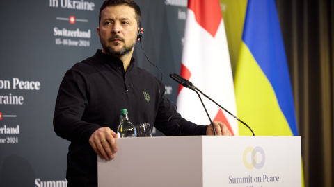 15 de junio de 2024.El presidente Zelenski en una conferencia durante la cumbre de paz, celebrada este 15 de junio.