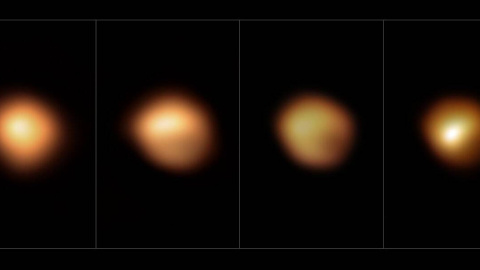 Imágenes de Betelgeuse tomadas con el instrumento SPHERE, instalado en el Very Large Telescope (Chile), en enero de 2019 (con su brillo normal), diciembre de 2019, enero de 2020 y marzo de 2020, en las que se observa la gran atenuación de la estrella