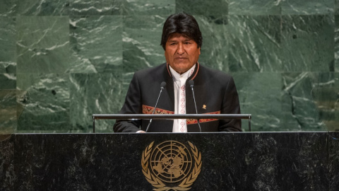 24 de septiembre de 2019- El presidente boliviano, Evo Morales, pronuncia un discurso durante la 74a sesión de la Asamblea General de las Naciones Unidas en la sede de la ONU. Foto: Cia Pak / Asamblea General de la ONU / dpa