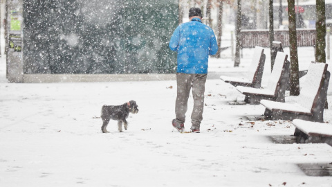 Un hombre camina sobre la nieve junto a su perro, a 28 de noviembre de 2021, en Pamplona, Navarra.