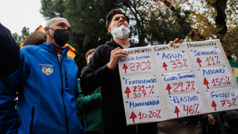 Un hombre con carteles que señalan el incremento en el precio de los costes de producción en la agricultura, durante una concentración de agricultores y exportadores de naranjas, frente al Ministerio de Agricultura, a 24 de noviembre de 2021, en Madrid