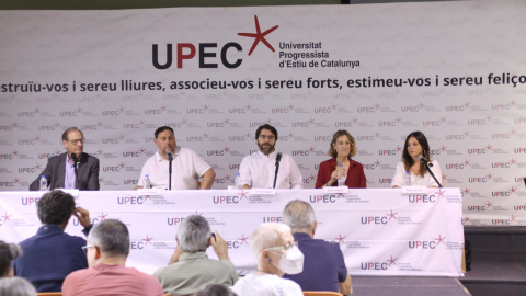 Imatge d'arxiu d'un col·loqui en les jornades de la UPEC 2022 amb Oriol Junqueras (ERC), Ferran Pedret (PSC), Jéssica Albiach (Comuns) i Maria Sirvent (CUP).