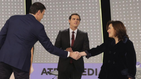 Imagen de archivo del debate entre Pedro Sánchez, Pablo Iglesias, Albert Rivera y Soraya Sáenz de Santamaría antes de las elecciones generales DE 2015 / EFE