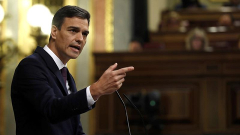 El jefe del Ejecutivo, Pedro Sánchez, durante su comparecencia a petición propia en el Congreso, en un pleno extraordinario para informar de su programa de Gobierno/EFE