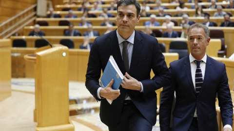 El portavoz del PSOE en el Senado, Ander Gil, y el presidente del Gobierno, Pedro Sánchez, en una foto de archivo. MARTA JARA / EUROPA PRESS