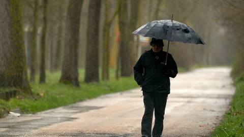 Una persona se refugia con un paraguas de la lluvia en Vitoria, País Vasco (España).