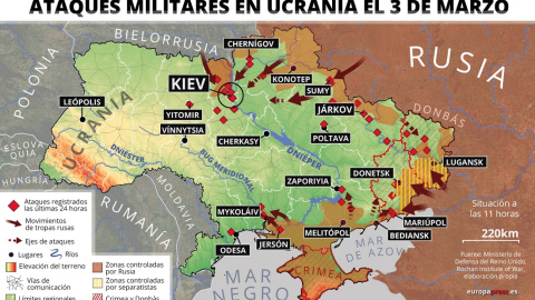 Mapa con ataques militares en Ucrania el 3 de marzo. Las fuerzas militares rusas y los rebeldes separatistas han aumentado en las últimas horas la presión sobre la ciudad de Mariupol, una localidad portuaria del sureste de Ucrania que, en caso de caer e