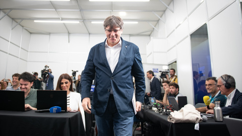 Carles Puigdemont llega a una rueda de prensa para valorar los resultados de las elecciones catalanas, a 13 de mayo de 2024, en Argelès.