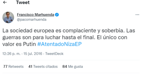 Captura de un tuit de Paco Marhuenda alabando a Putin