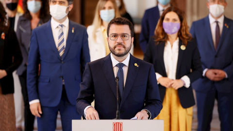 El president de la Generalitat, Pere Aragonès, durante la declaración institucional que ha realizado este martes.