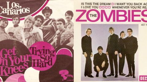 Singles de Los Canarios y The Zombies editados en Francia  y Alemania, respectivamente.