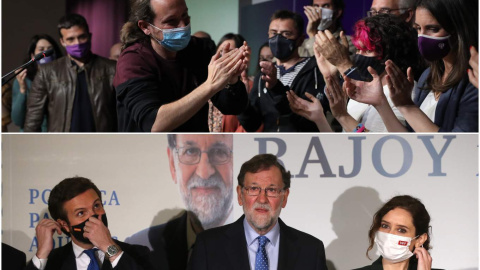 Arriba, Pablo Iglesias, el día que anunció su dimisión. Abajo, el presidente del PP Pablo Casado, la presidenta de la Comunidad de Madrid, Isabel Díaz Ayuso y el expresidente del Gobierno Mariano Rajoy.