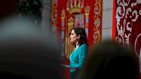 La presidenta de la Comunidad de Madrid, Isabel Diaz Ayuso, interviene en el acto celebrado con motivo del Día de la Constitución, este viernes en la Casa de Correos, en Madrid.