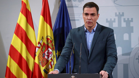 19/12/2021 El presidente del Gobierno, Pedro Sánchez, durante la rueda de prensa posterior a la reunión con Teresa Cunilleraen la Delegación del Gobierno de Catalunya, en Barcelona