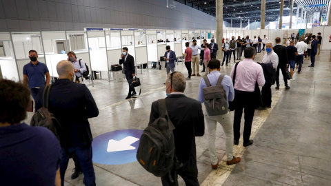 Aspecto de las cabinas para la realización de test de antígenos, obligatorio antes de entrar al Mobile World Congress (MWC) de Barcelona.