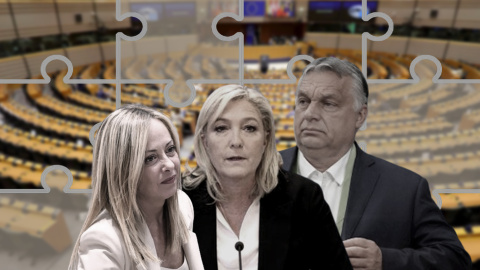 12/10/2024 Los líderes de extrema derecha Giorgia Meloni, Marine Le Pen y Viktor Orbán sobre una imagen del pleno del Parlamento Europeo.